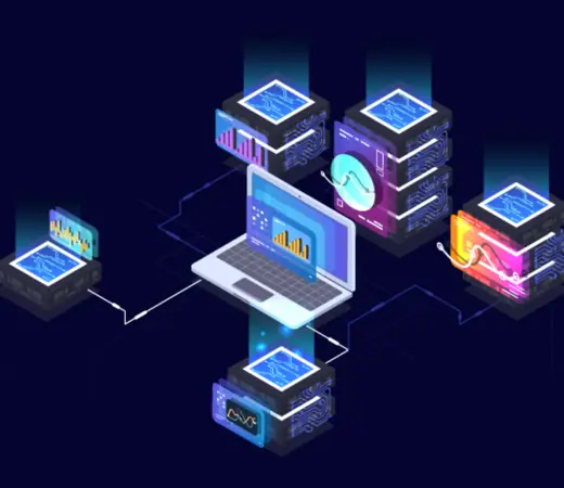 Isometric illustration of servers, dashboards and devices connected on a network.