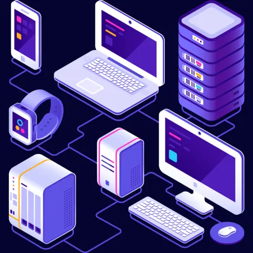 Isometric illustration of a mobile application being assembled from components.