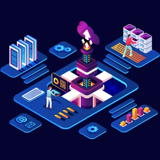 Isometric illustration of a consultant reviewing an architecture diagram.
