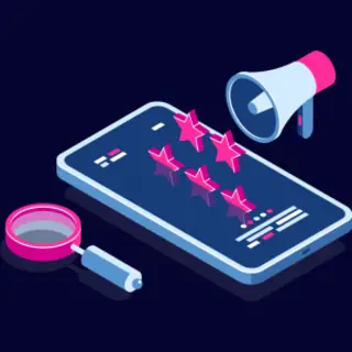 Isometric illustration of a megaphone and review stars on a phone screen.