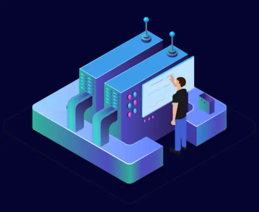 Isometric illustration of a data centre with racked servers and analytics.