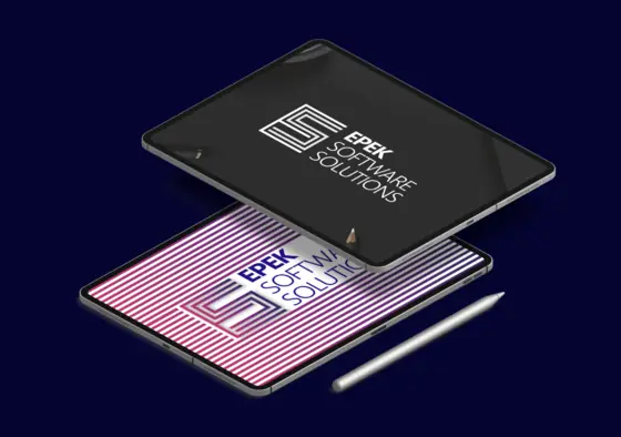 Isometric illustration of a tablet displaying the Epek Software Solutions logo.
