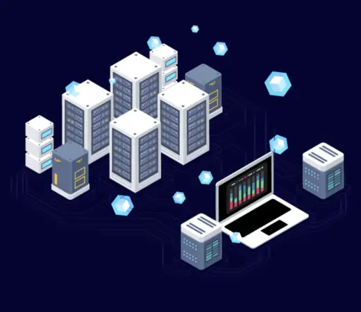 Isometric illustration of a phone, laptop, desktop and server sharing one codebase.